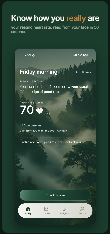Linden Today screen — your resting heart rate and a daily read