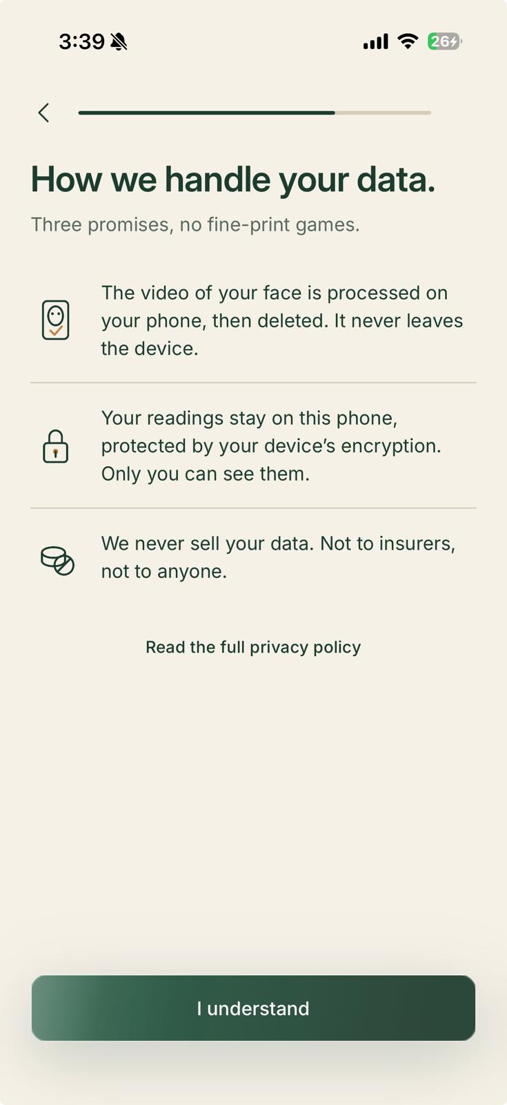 Linden's data screen — three plain-language privacy promises with an I understand button